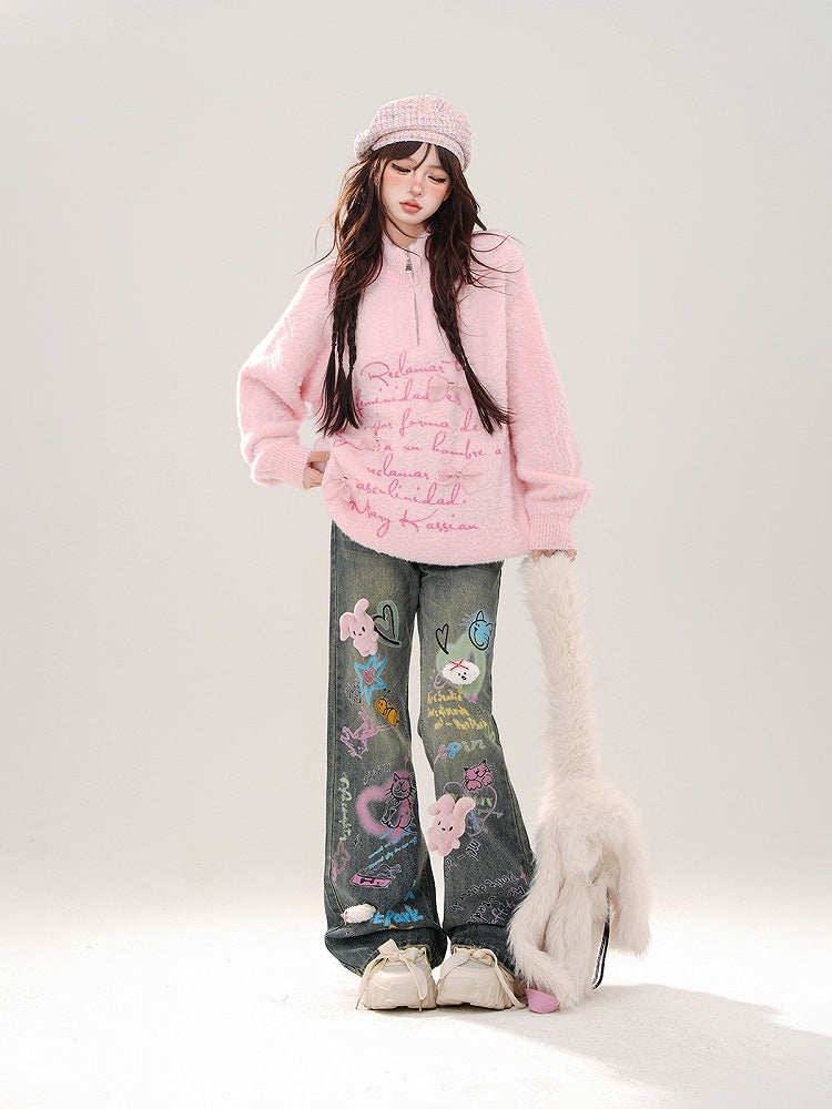 Wide-Leg Jeans with Colorful Graffiti and Detachable Pink Bunny Plushie Blue