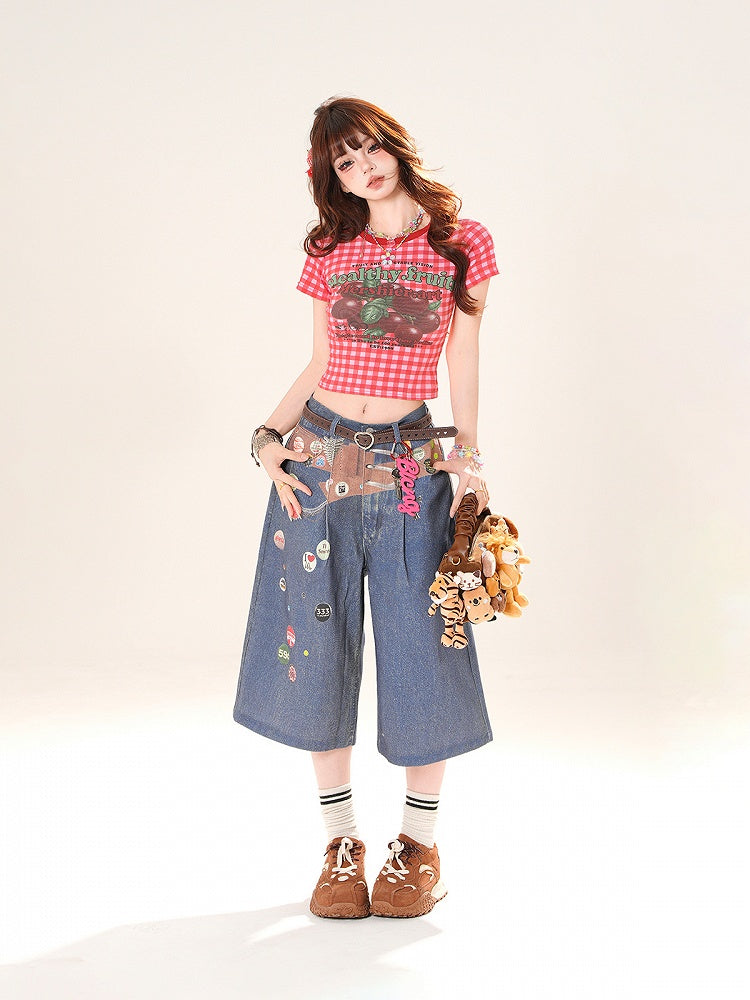 Red Plaid Round Fruit Print Cropped T-Shirt Neck