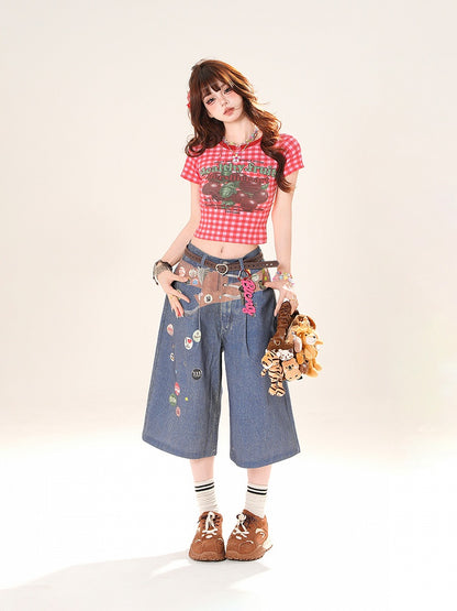Red Plaid Round Fruit Print Cropped T-Shirt Neck