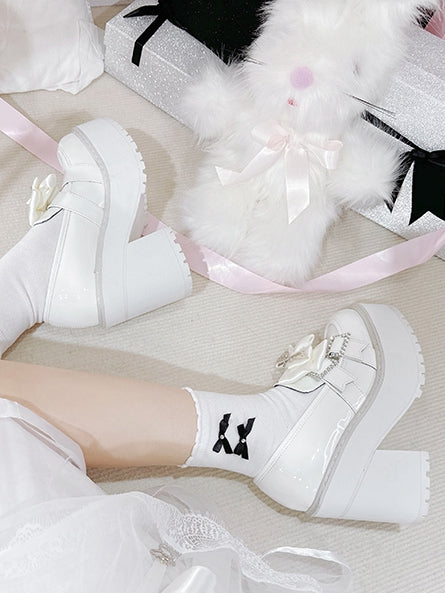 Cross Rhinestoned Kei White Chain Buckles Loafers Decorated Platform Bow Polished Jirai