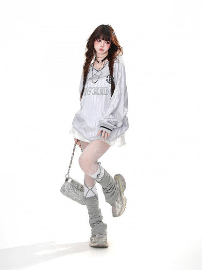 Pink/Gray Striped Pattern V-Neck Loose Sweatshirt