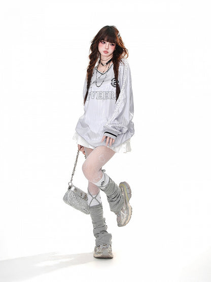 Lockeres V-Ausschnitt Sweatshirt Rosa/Grau Streifenmuster