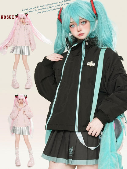 Black/Pink Zips Cat Ears Hood Thick Zip Hoodie