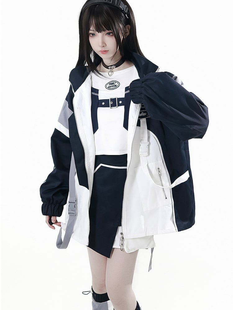 Blue and White Colorblock Shoulder Cutouts Techwear Long Sleeve Top with
