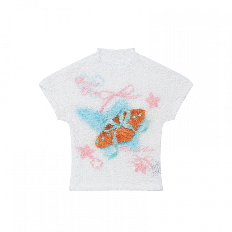 Print Knit T-Shirt White Mock Neck Sweet Bowknot
