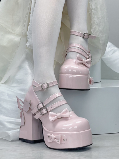 Pink Bowknot Stud Butterfly Platform High Block Heels Lolita Shoes