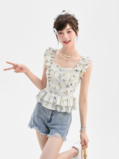 Waist Raw Hem Denim Shorts Blue High