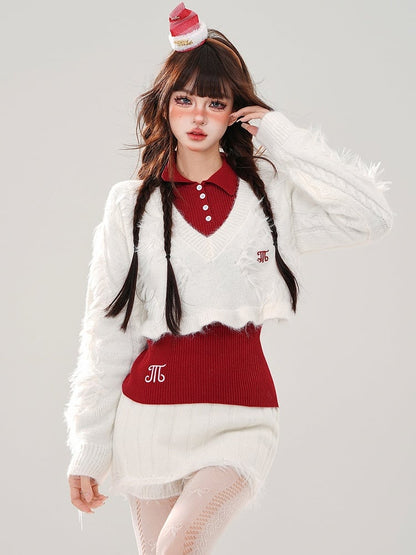 V-neck Mini Top Cropped + Skirt + White Knit White Set Sweater Red