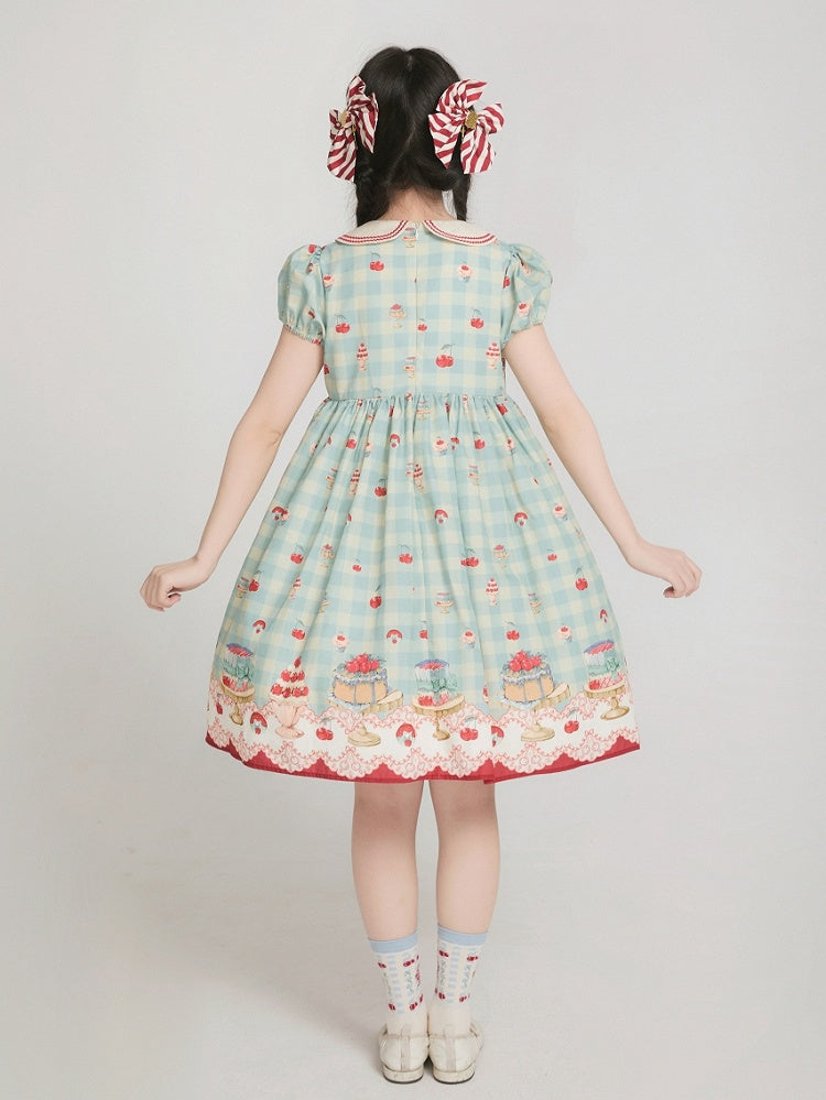 Robe Sweet Lolita vichy taille haute vert menthe à imprimé cerises et desserts