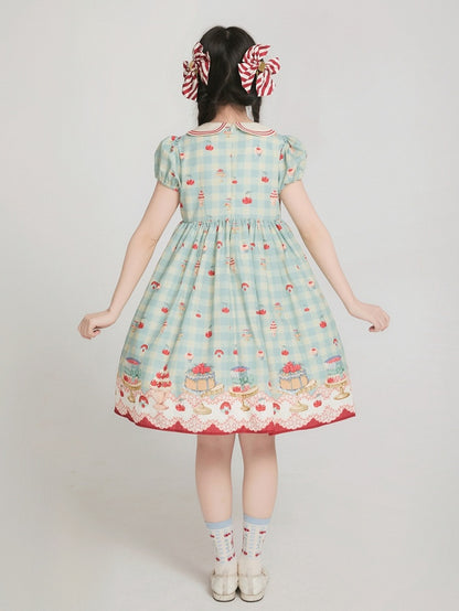 Robe Sweet Lolita vichy taille haute vert menthe à imprimé cerises et desserts
