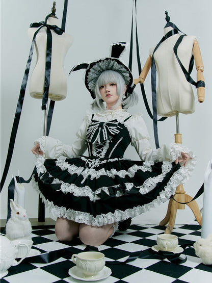Black and White Old School Bowknot Details Lace Accents Balletcore Dress Lolita Jumper Skirt