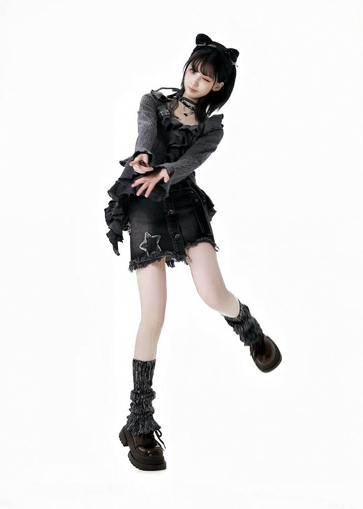 Y2K Black Star Appliques Raw Hem Denim Skirt with Buckle Belt