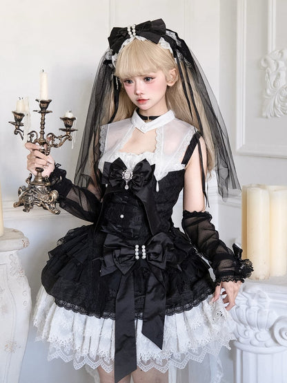 Bows White Dress Black Decorated Gothic Skirt Lolita Tiered and