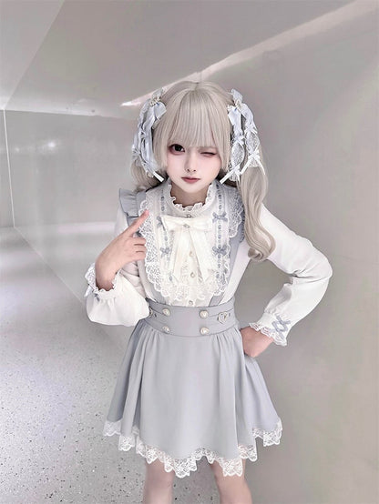 Decorative Dusty Dress and Buckles Beaded Buttons Kei Flutter Heart Jirai Overall Blue Sleeve with