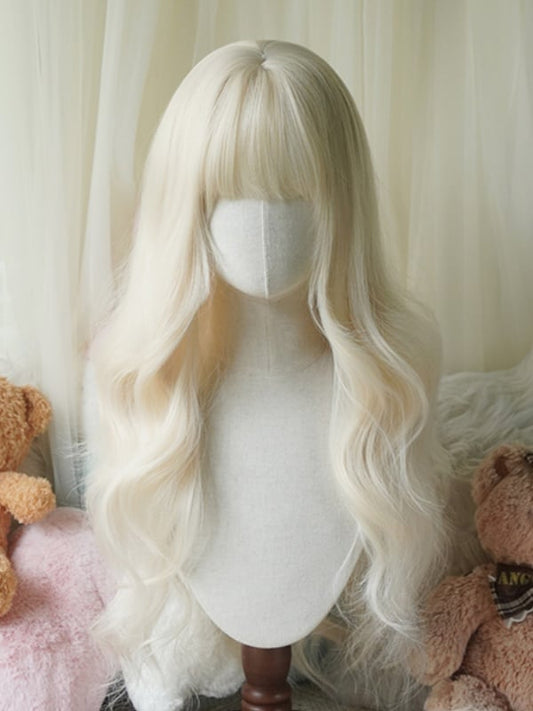 Light Blonde Under Bust Length Wavy Wig With Bangs