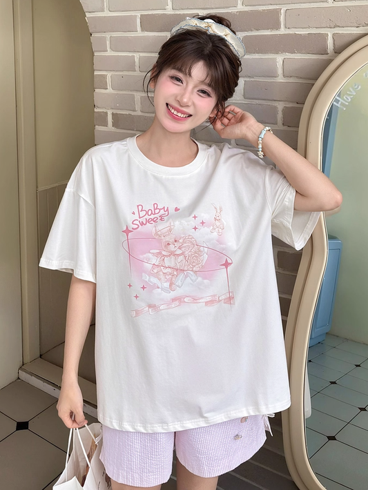 Weißes, lockeres, süßes T-Shirt mit rosa Hasen-Print und Rundhalsausschnitt