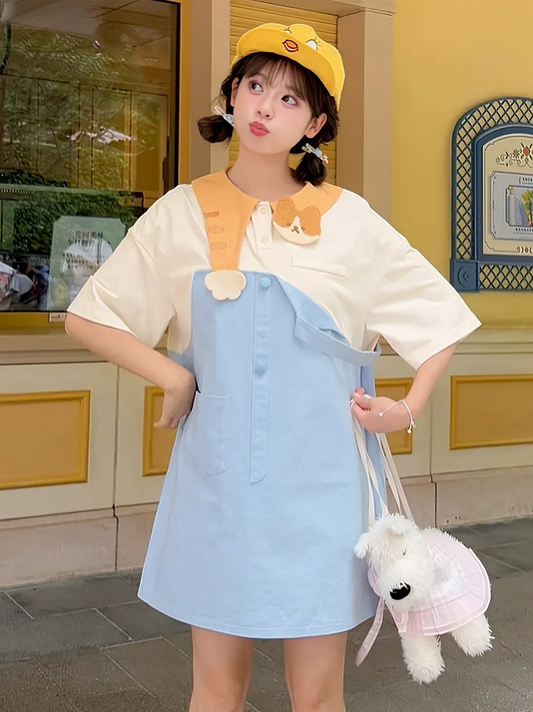 Faux Adorable Kitty Collar Blue and White Colorblock Design Dress Two-pieces