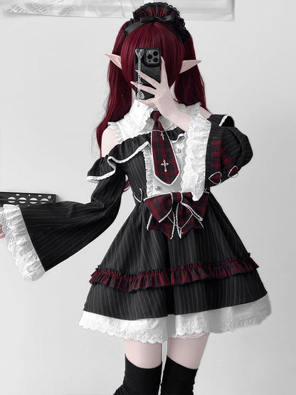 Dress Bell Plaid Tie Idol And Shoulder Cutout Lolita Black Bowknot Stripes Red With Sleeves