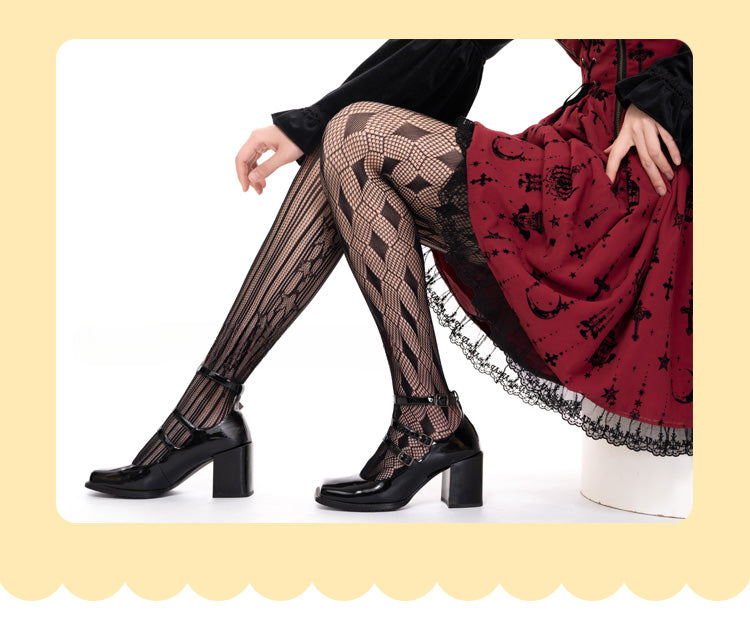 Collants résille Lolita à motif diamant noir