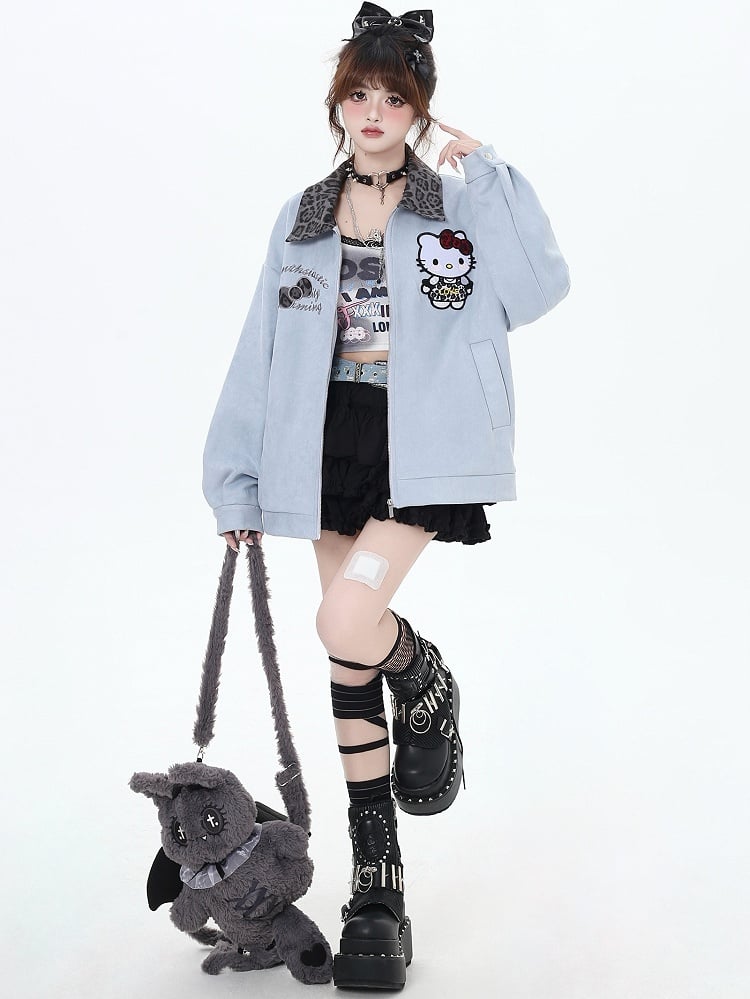 Veste de baseball à col léopard Blue Kitty