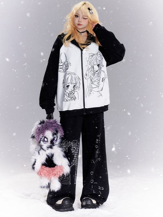 Black and White Manga Girls Print Colorblock Zip Hoodie