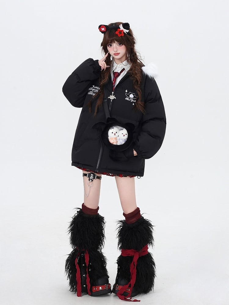 Black Faux Fur Trim Puffer Jacket with Free Crossbody Ita Bag