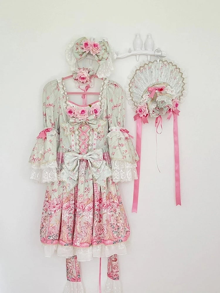 Mint Green Rosette Print Rococo Fashion Inspired Lolita Dress Square Neckline Bell Sleeves OP / Full Set