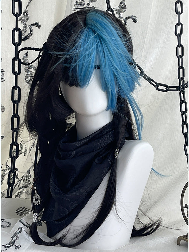 With Black Blue Hair Y2K 65cm and Highlight Straight Wigs Color