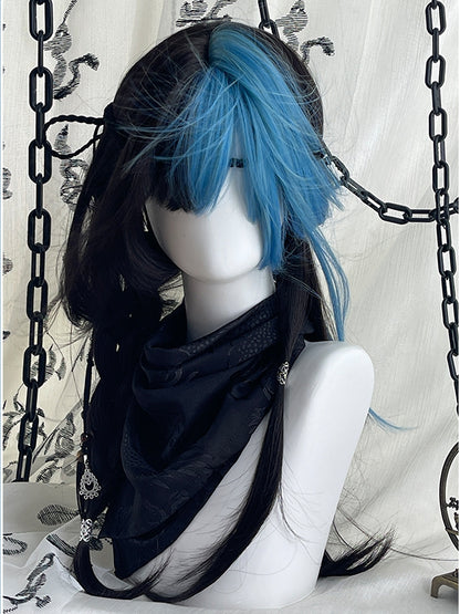 With Black Blue Hair Y2K 65cm and Highlight Straight Wigs Color