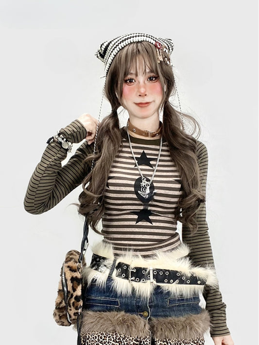 Army Green Striped Pattern Star Print Top