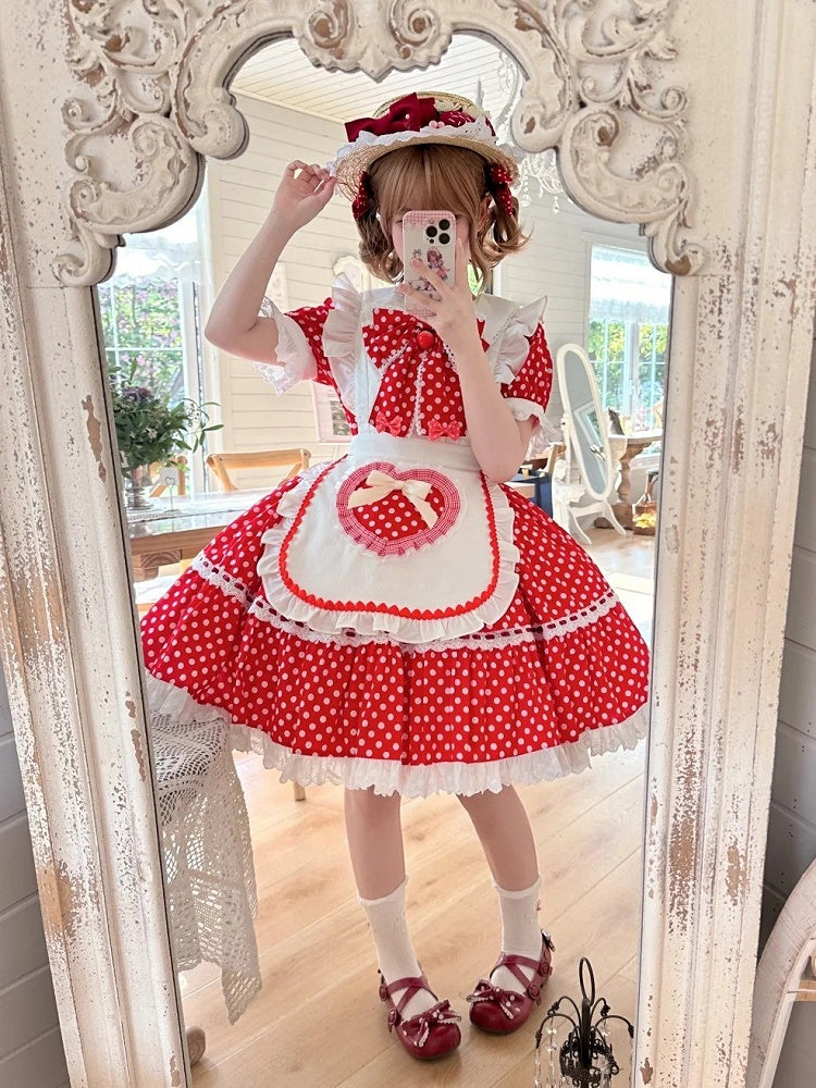 Collar Old Peter Maid White Strawberry Polka Bow Dots Lolita Pan Big Apron + Red School Dress