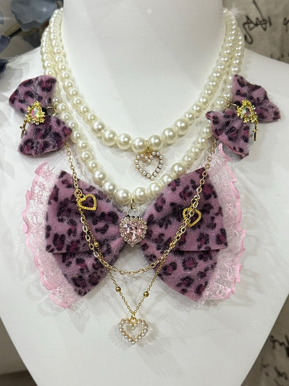 Rhinestone Color Pendant Options Heart 4 Beaded Pattern And Bowknot Leopard Necklace