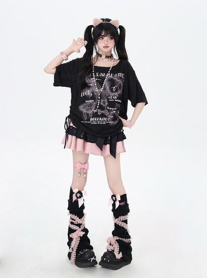 Black/White Drawstring Side Bowknots Print T-Shirt with Free Scarf
