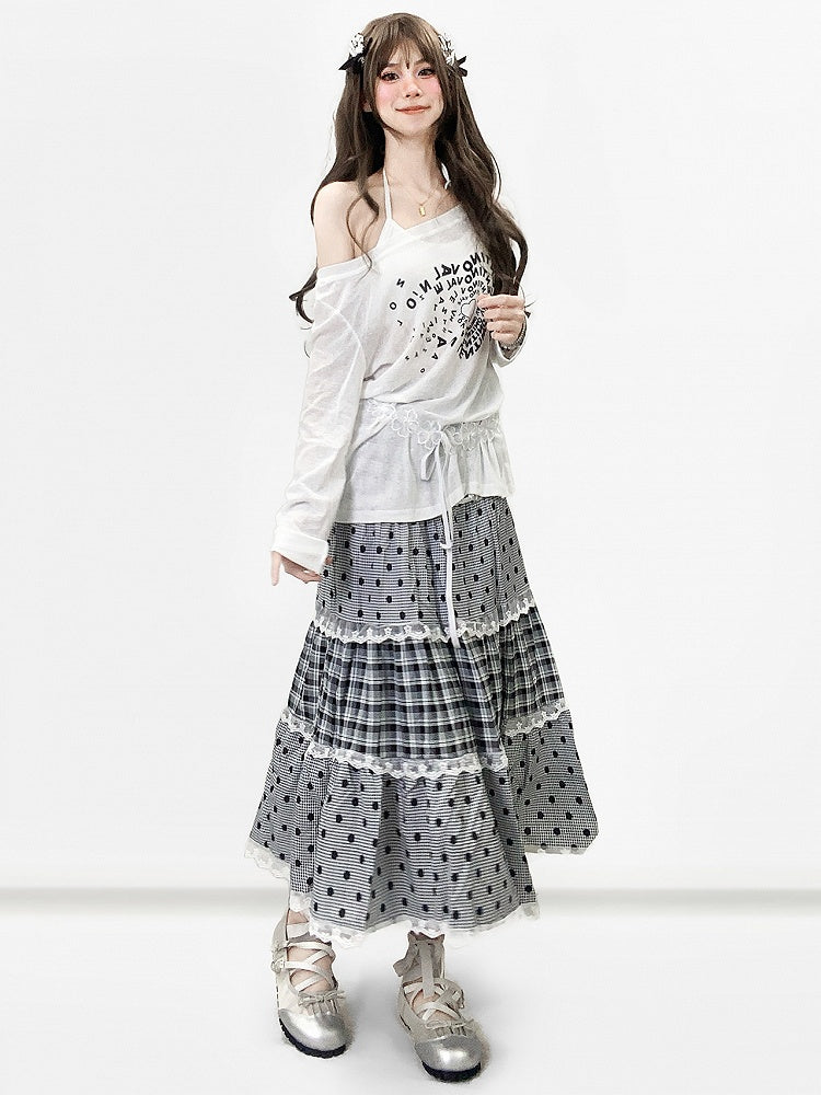 Gray Pattern Trim Polka-dot Y2K And Skirt Lace Bittersweet Plaid