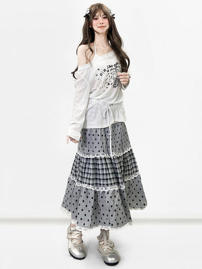 Gray Pattern Trim Polka-dot Y2K And Skirt Lace Bittersweet Plaid