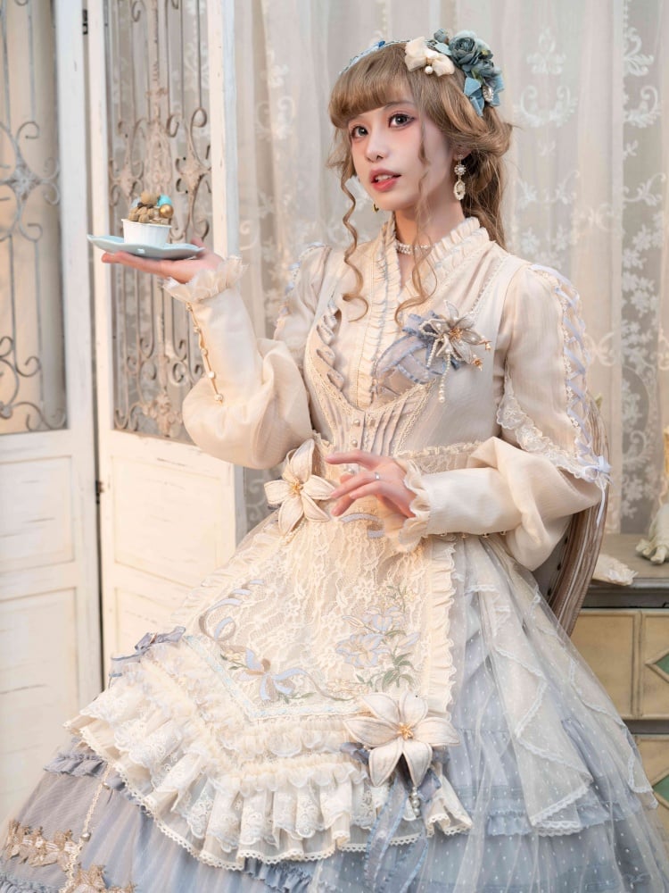 Ensemble complet Lolita JSK élégant classique avec patte de boutonnage sur le devant bleu Lily Pink House