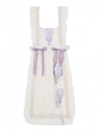 Beige Print Charm Kleid Quaste Lolita Han Schürze Floral Wisteria Lila + Perlen mit