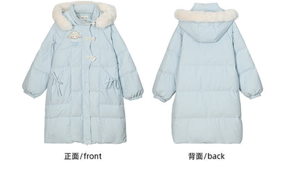 Blue Cute Lamb Applique Bowknot Details Hooded Down Coat Long Version
