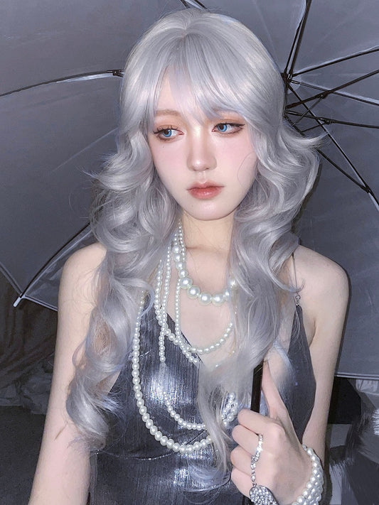 Wig Length Bangs 70CM With Wavy Silver Air