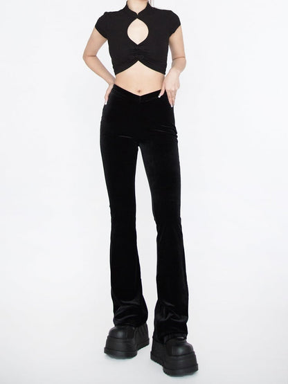 Black Velvet Pointed Waistband Waist Glamorous Flared Pants