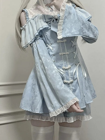 Shorts Bow Tie Cheongsam Light + Neckline Kei Style Set- Jirai Illusion Mini Dress Blue + Bell Sleeves