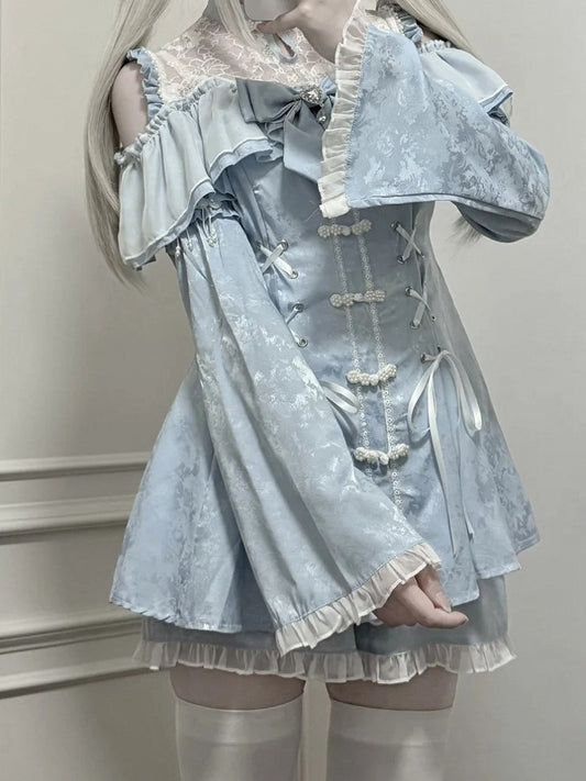 Shorts Bow Tie Cheongsam Light + Neckline Kei Style Set- Jirai Illusion Mini Dress Blue + Bell Sleeves