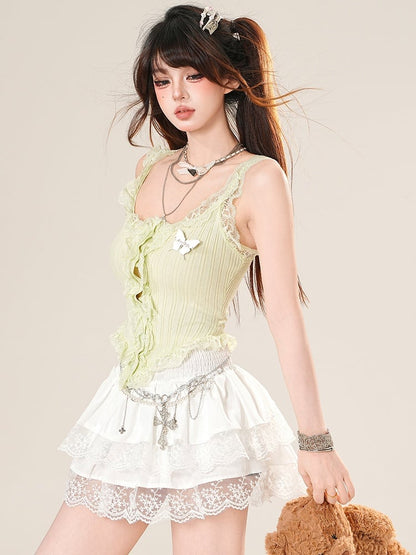 Lace And Top Trim Decorated Glamorous Cami Ruffles Green/White Butterfly