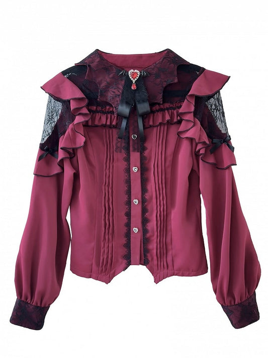 Jirai Kei Wine Red Bat Wing-shaped Collar Lace Patch Landmine Style Shirt