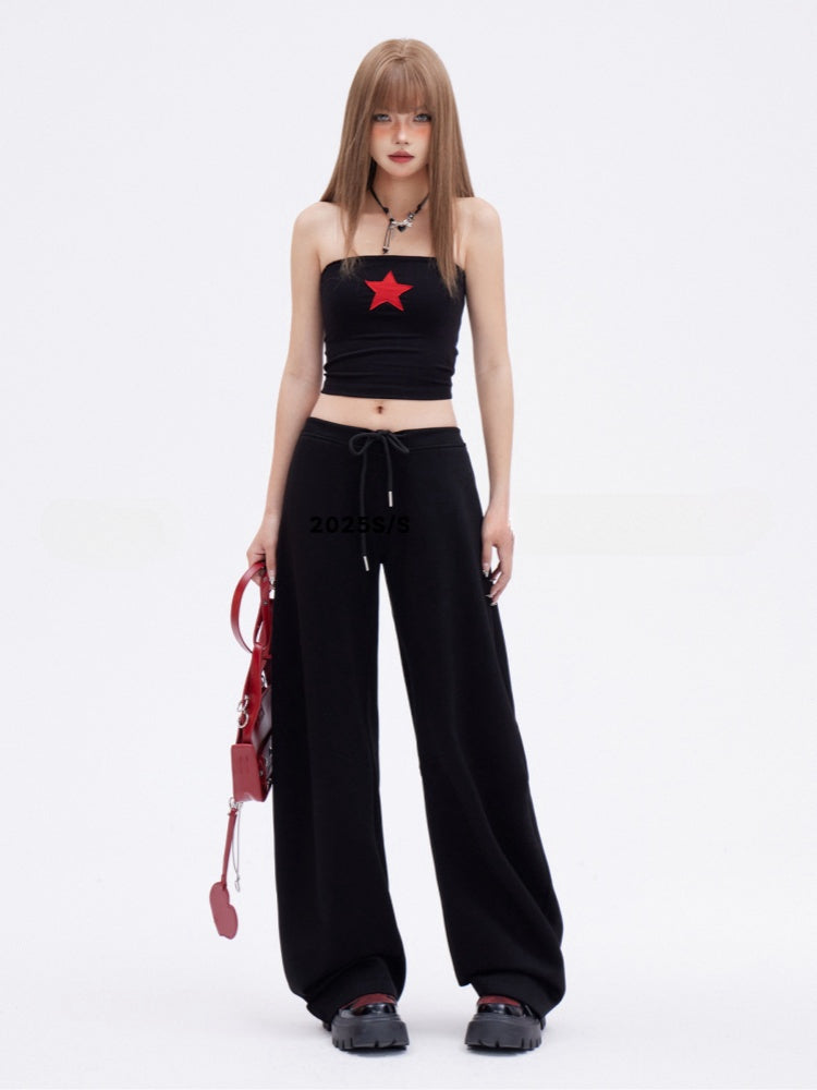 Black Drawstring Waist Loose Straight-leg Sweatpants