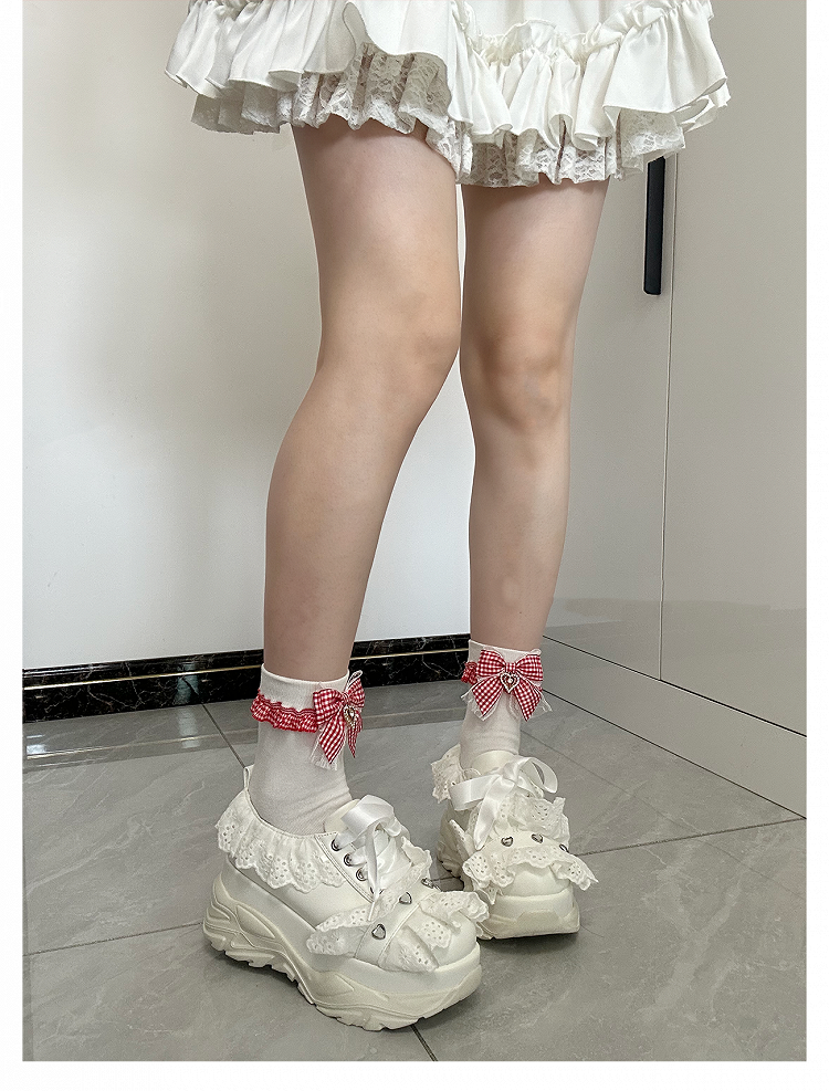 Kei Lolita White Plaid Bowknot with Sweet Ankle/Mid-Calf Socks Jirai Red Style