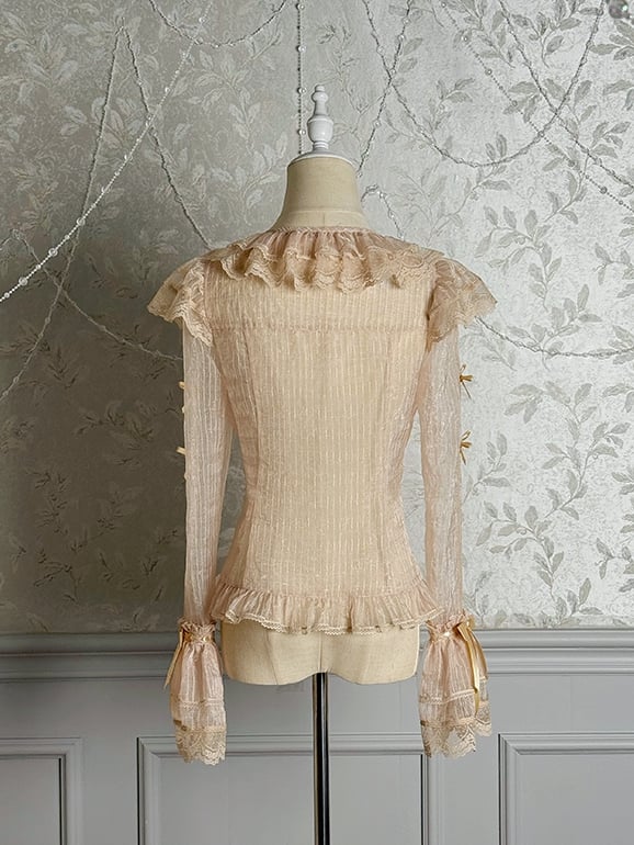 Long Sleeves Bowknots Champagne Blouse Semi-sheer