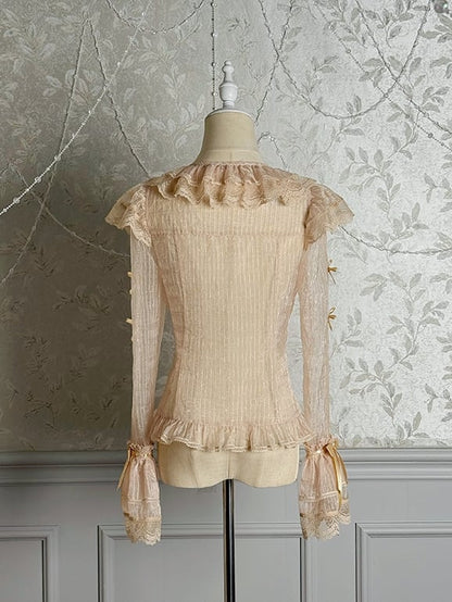 Long Sleeves Bowknots Champagne Blouse Semi-sheer