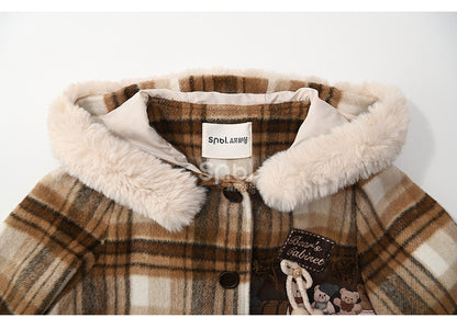 Brown Cute Little Bears Applique Plaid Hooded Woolen Coat Short Version