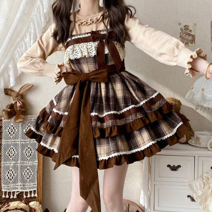 Brown Plaid Pattern Lolita Dress High Waist Autumn and Winter Lolita Jumper Skirt